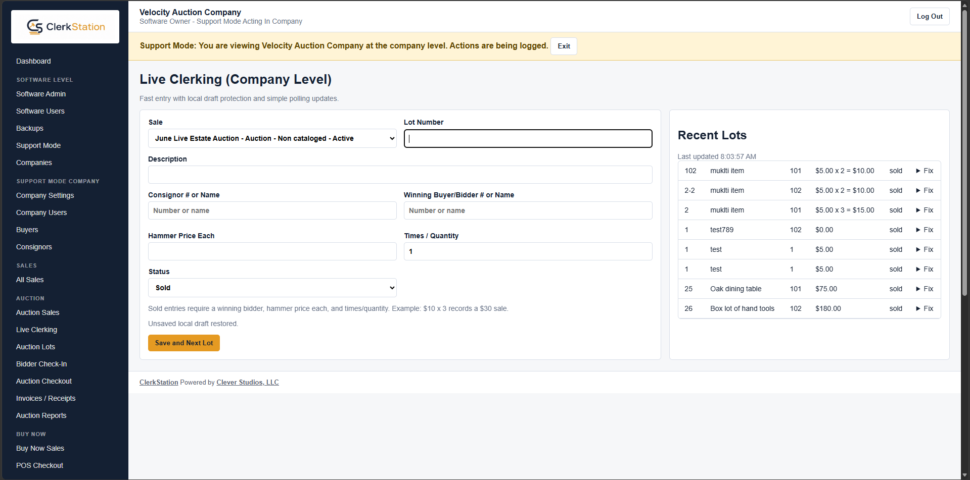 ClerkStation auction software interface
