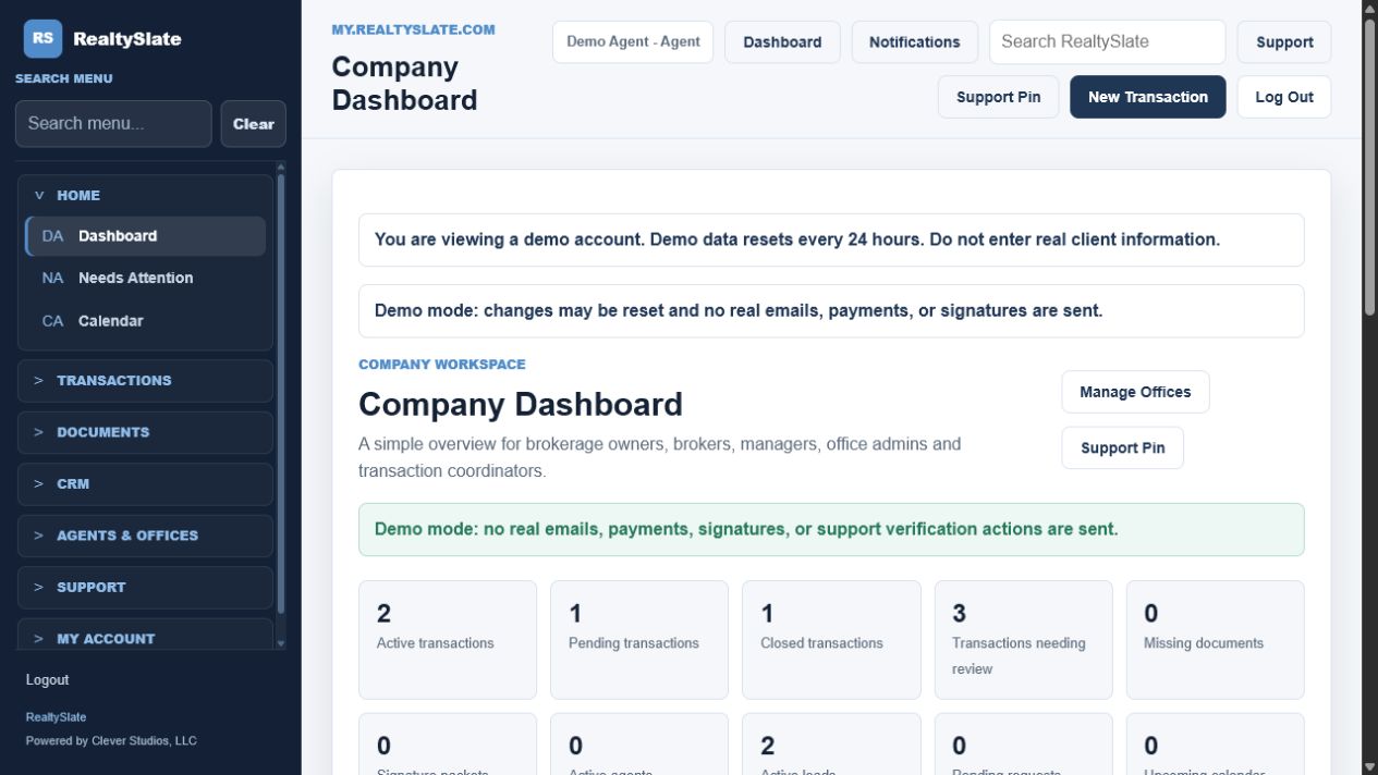 RealtySlate real estate brokerage dashboard